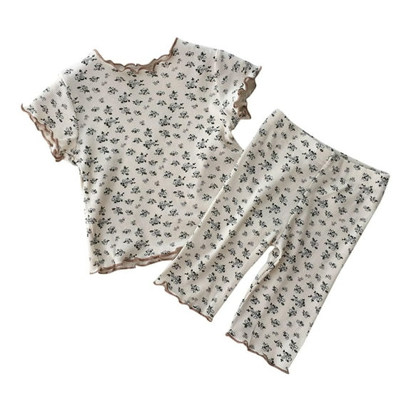 Odeerbi Toddler Girls 2 Piece Outfits Ice Silk Lettuce Trim Tops Pants Set Summer Pajamas Fashion Casual Short Sleeve Blouse Turndown Collar Botton Solid Shorts Sets Khaki