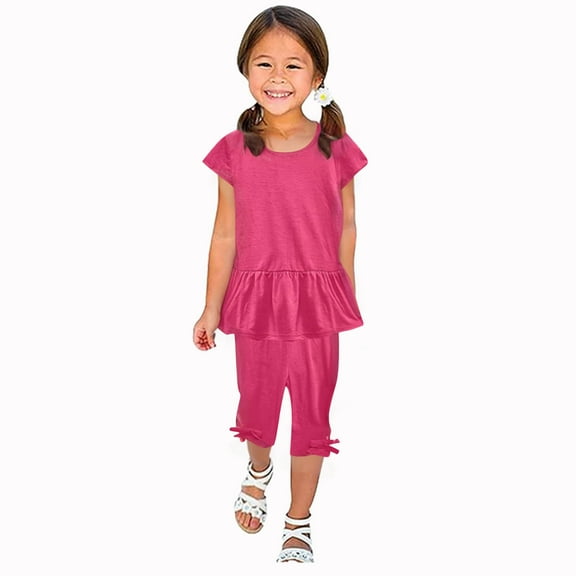 Odeerbi Toddler Girls 2 Piece Outfits Ruffle Tops Capris Set Summer Clothes Fashion Casual Round Neck Collar Short Sleeve Blouse Shorts Sets Hot Pink