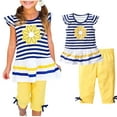 thumbnail image 1 of Odeerbi Toddler Girls 2 Piece Outfits Ruffle Tops Capris Set Summer Clothes Fashion Casual Short Sleeve Round Neck Collar Botton Printed Blouse Short Pants Sets Blue, 1 of 6