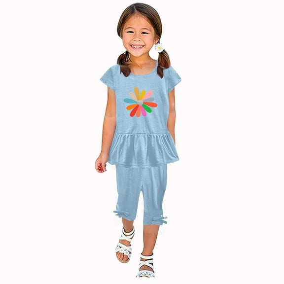 Odeerbi Toddler Girls 2 Piece Outfits Ruffle Tops Capris Set Summer Clothes Floral Print Round Neck Short Sleeve Flying Sleeves Top Elastic Waist Cropped Pants Two-piece Set Light Blue