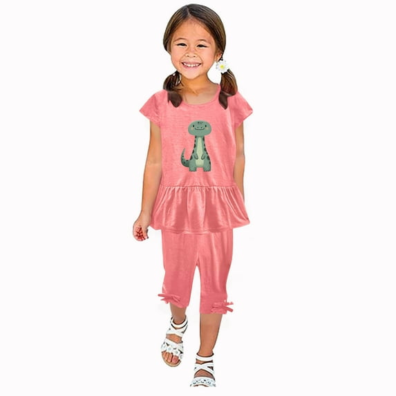 Odeerbi Toddler Girls 2 Piece Outfits Ruffle Tops Capris Set Summer Clothes Floral Print Round Neck Short Sleeve Flying Sleeves Top Elastic Waist Cropped Pants Two-piece Set Pink