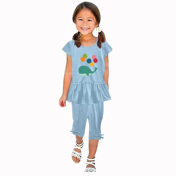 Odeerbi Toddler Girls 2 Piece Outfits Ruffle Tops Capris Set Summer Clothes Floral Print Round Neck Short Sleeve Flying Sleeves Top Elastic Waist Cropped Pants Two-piece Set Light Blue