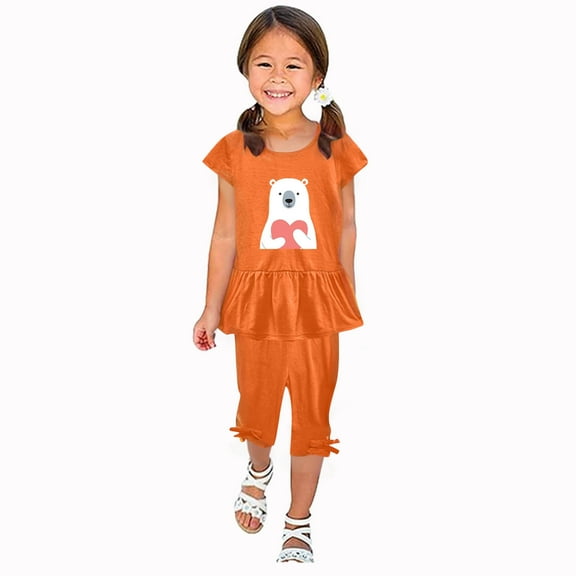 Odeerbi Toddler Girls 2 Piece Outfits Ruffle Tops Capris Set Summer Clothes Floral Print Round Neck Short Sleeve Flying Sleeves Top Elastic Waist Cropped Pants Two-piece Set Orange