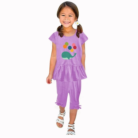 Odeerbi Toddler Girls 2 Piece Outfits Ruffle Tops Capris Set Summer Clothes Floral Print Round Neck Short Sleeve Flying Sleeves Top Elastic Waist Cropped Pants Two-piece Set Purple