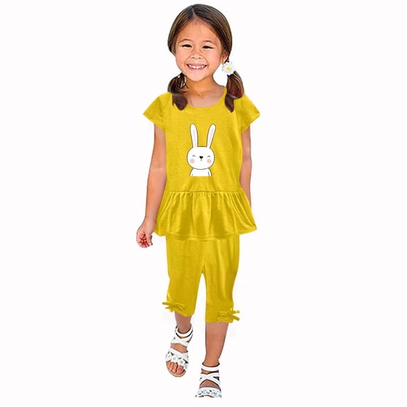 Odeerbi Toddler Girls 2 Piece Outfits Ruffle Tops Capris Set Summer Clothes Floral Print Round Neck Short Sleeve Flying Sleeves Top Elastic Waist Cropped Pants Two-piece Set Yellow