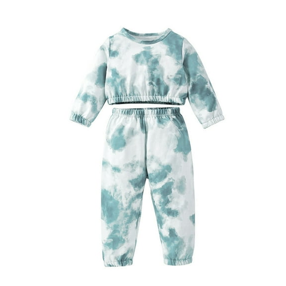 Odeerbi Toddler Girls 2 Piece Outfits Tie-dye Cropped Sweatshirt Sweatpants Set Children's Casual Spring Fall Tracksuit Long Sleeve Top High Waisted Pants Sweatsuits 1-5 Years Blue