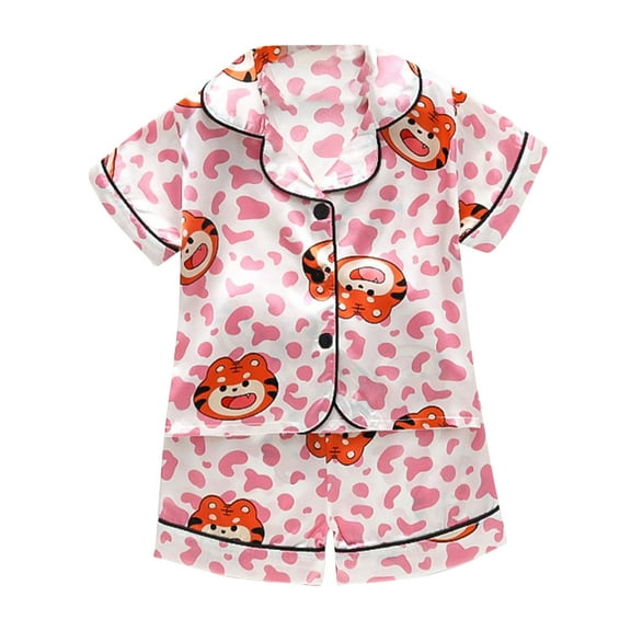Odeerbi Toddler Girls 2 Piece Pajamas Set Cartoon Satin Sleepwear Fashion Casual Short Sleeve Tops Turndown Neck Collar Botton Printed Shorts Sets Pink-1
