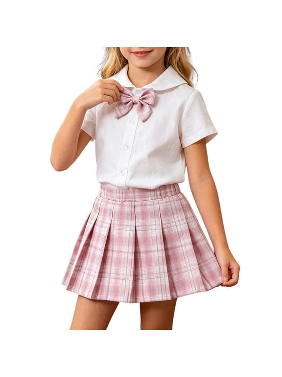 Toddler Girls 2 Piece Preppy Outfit Sailor Collar Shirt and Plaid Pleated Skirt Set School Uniform with Bow Tie