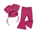thumbnail image 1 of Odeerbi Toddler Girls 2 Piece Summer Outfits Cotton Drawstring T-shirt Flared Pants Set Children Solid Color Short Sleeve Drawstring Tops Loose Shorts with Pockets Sets Hot Pink, 1 of 3