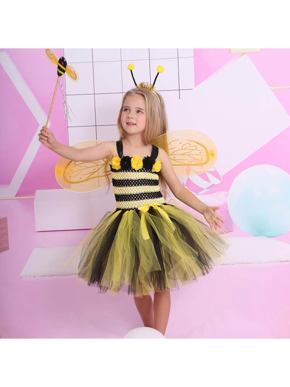 Toddler Girls 4PCS Bee Dress Up Outfit Flower Tulle Tutu Dress with Wing Headband Wand Set