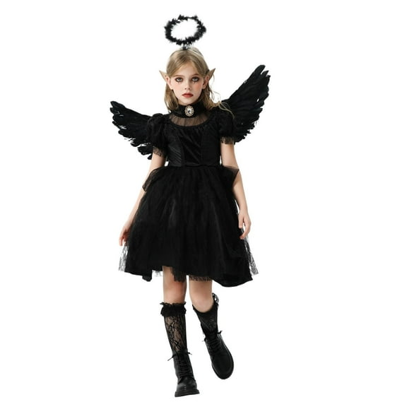 Odeerbi Toddler Girls Angel Dress Up Clothes Halloween Tulle Dress + Wing + Feather Headband + Stockings Four Pieces Set Halloween Demons Role Play Dress Clothing Black