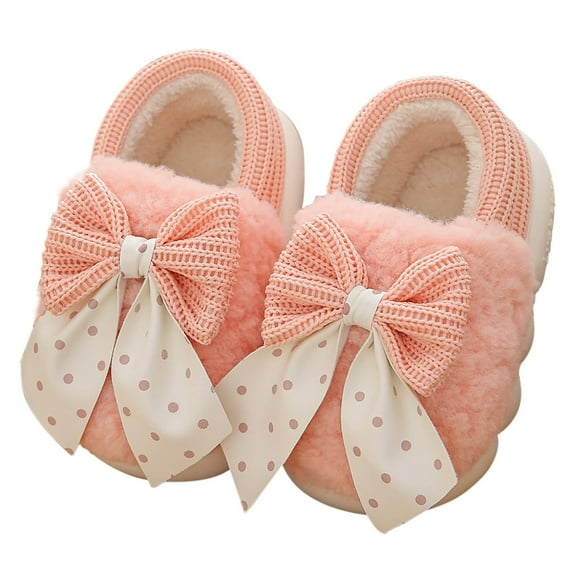 Odeerbi Toddler Girls Bow Fuzzy Slippers Children's Winter Bag Heel Home Cute Bow Tie Slippers Non Slip Warm Baby Cotton Shoes Pink 3-4 Years