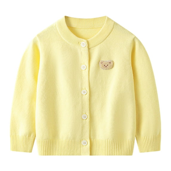 Odeerbi Toddler Girls Cardigan Sweater Knitted Cardigan Fall Winter New Children's Clothing Embroidered Bear Sweater Coat Yellow