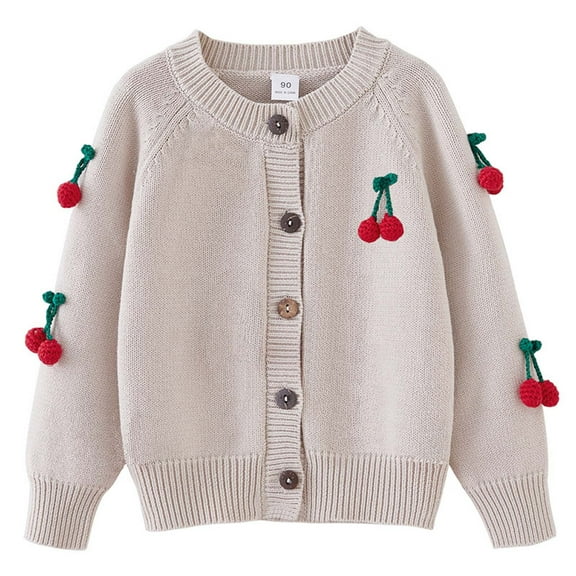 Odeerbi Kids Girls Cherry Cardigan Sweater Cotton Knit Sweater Cardigan Crocheted Knitted Cardigan Round Neck Children's Sweater Khaki