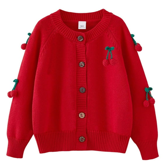 Odeerbi Toddler Girls Cherry Cardigan Sweater Cotton Knit Sweater Cardigan Crocheted Knitted Cardigan Round Neck Children's Sweater Red