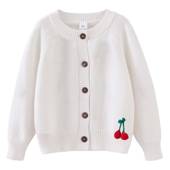 Odeerbi Toddler Girls Cherry Cardigan Sweater Cotton Knit Sweater Cardigan Crocheted Knitted Cardigan Round Neck Children's Sweater White