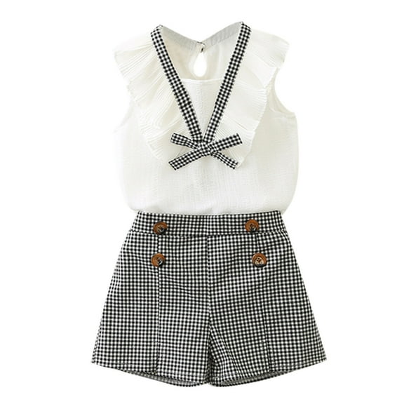 Odeerbi Toddler Girls Chiffon Bowknot Vest Tops Plaid Shorts Pants Set Kids Outfits Clothes White
