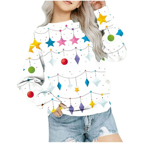 Odeerbi Toddler Girls Christmas Crewneck Sweatshirts Fall Winter Pullover Sweatshirt Christmas Printed Long Sleeve Sweatshirt Toddler Clothes White