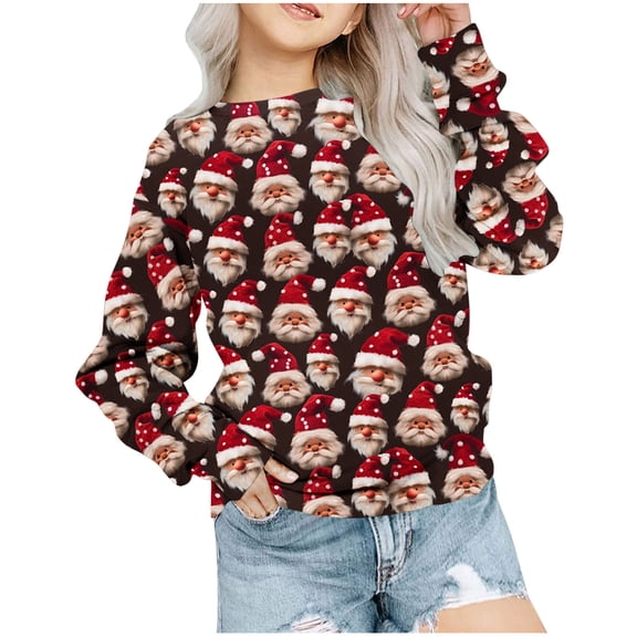 Odeerbi Toddler Girls Christmas Crewneck Sweatshirts Fall Winter Pullover Sweatshirt Christmas Printed Long Sleeve Sweatshirt Toddler Clothes Burgundy