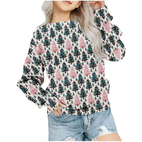 Odeerbi Toddler Girls Christmas Crewneck Sweatshirts Fall Winter Pullover Sweatshirt Christmas Printed Long Sleeve Sweatshirt Toddler Clothes Dark Blue