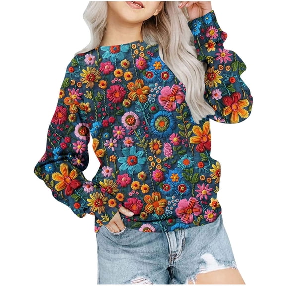 Odeerbi Toddler Girls Christmas Crewneck Sweatshirts Fall Winter Pullover Sweatshirt Christmas Printed Long Sleeve Sweatshirt Toddler Clothes Dark Blue