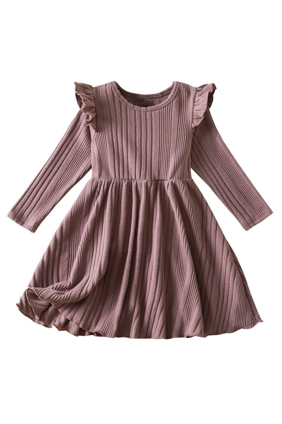 Toddler Girls Christmas Dress Fall Winter Long Sleeve Dress Rib Knit Cotton Dress Ruffled Round Neck Princess Bow Skirt Toddler Clothes Pink