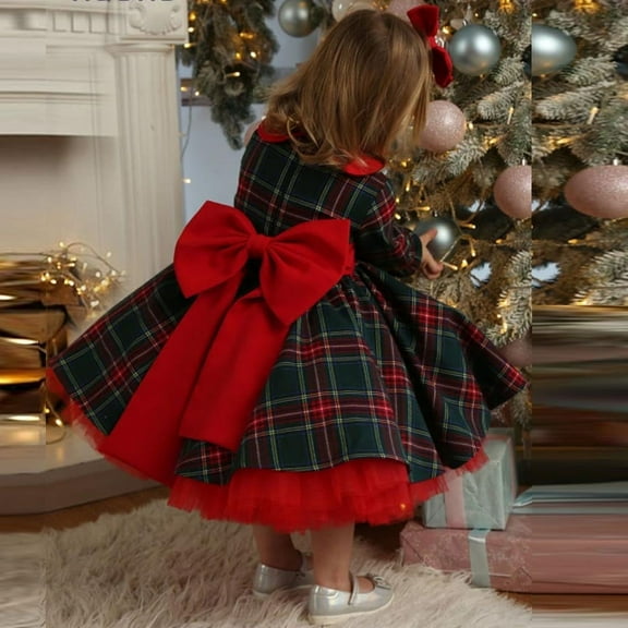Odeerbi Toddler Girls Christmas Plaid Tulle Dress Fall Winter Long Sleeve Dress Christmas Dress Primary Secondary School Children Checkered Big Bow Princess Dress Toddler Clothes Red