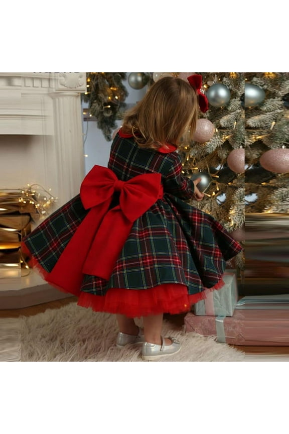 Toddler Girls Christmas Plaid Tulle Dress Fall Winter Long Sleeve Dress Christmas Dress Primary Secondary School Children Checkered Big Bow Princess Dress Toddler Clothes Red