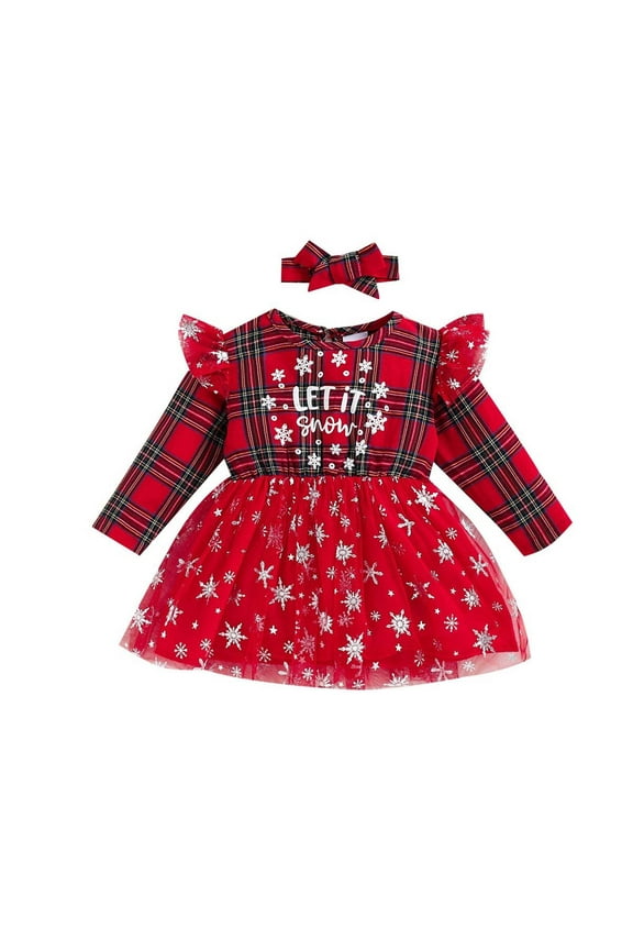 Toddler Girls Christmas Plaid Tulle Dress Fall Winter Long Sleeve Dress Infant Plaid Letter Snowflake Splicing Mesh Dress Toddler Clothes Red