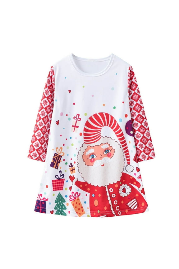 Toddler Girls Christmas Santa Claus Dress Fall Winter Long Sleeve Cotton Dress Children's Round Neck Princess Dress Toddler Clothes White