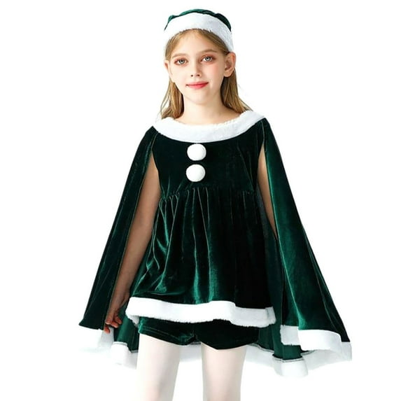 Odeerbi Toddler Girls Christmas Velvet Dress with Cape + Shorts + Christmas Santa Claus Hat Three Piece Set Fall Winter Long Sleeve Dress Kids Celebration Red Dress Toddler Clothes Green
