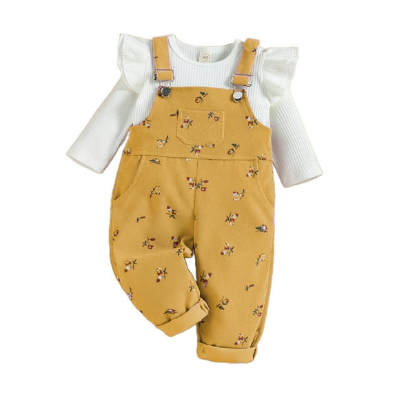 Odeerbi Toddler Girls Corduroy Outfits Knit Cotton 2025 Long Sleeve Top Corduroy Overalls Pants Set Yellow 1-1.5 Years