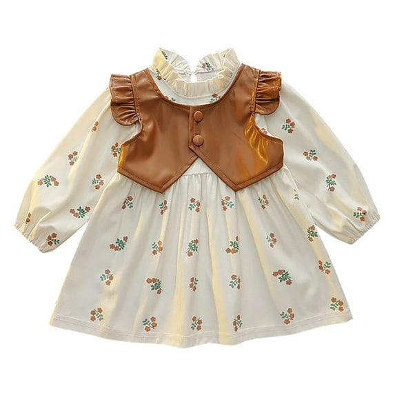 Odeerbi Toddler Girls Cotton Dress Princess Dress Casual Leather Vest Patchwork Dress Flower Print Long Sleeve Round Neck Dress Brown