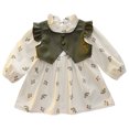 thumbnail image 1 of Odeerbi Toddler Girls Cotton Dress Princess Dress Casual Leather Vest Patchwork Dress Flower Print Long Sleeve Round Neck Dress Green, 1 of 6