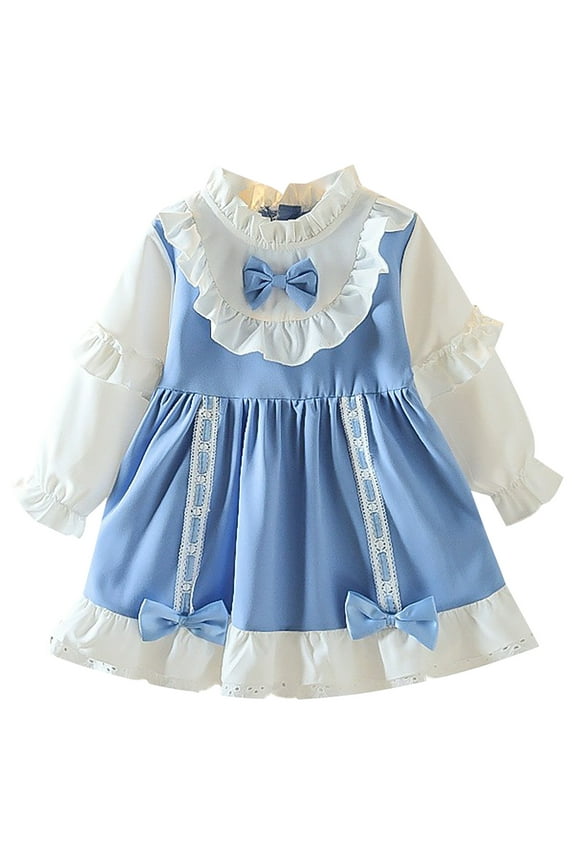 Toddler Girls Cotton Dress Princess Dress Cute Lace Patchwork Bow Long Sleeve Round Neck Dress Blue