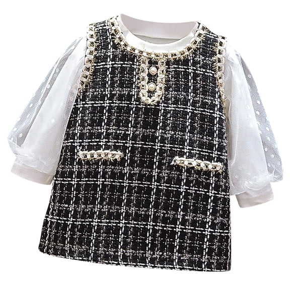 Odeerbi Toddler Girls Cotton Dress Princess Dress Fashionable Small Fragrant Style Spliced Mesh Button Long Sleeve Round Neck Dress Black