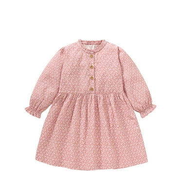 Odeerbi Toddler Girls Cotton Dress Princess Dress Long Sleeve Round Neck Dress Children Printed Dress Pink