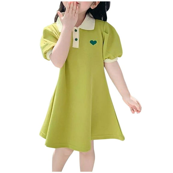 Odeerbi Toddler Girls Cotton Dress Princess Dress Summer Breathable Solid Color A-line Dress Short Sleeve Stylish Dress Green