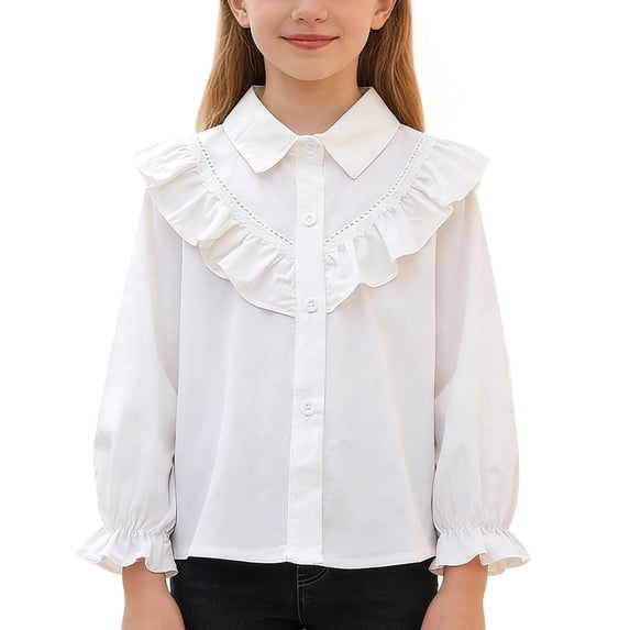 Odeerbi Toddler Girls Cotton Dress Shirt Ruffle Collar Long Sleeve School Uniform Shirts