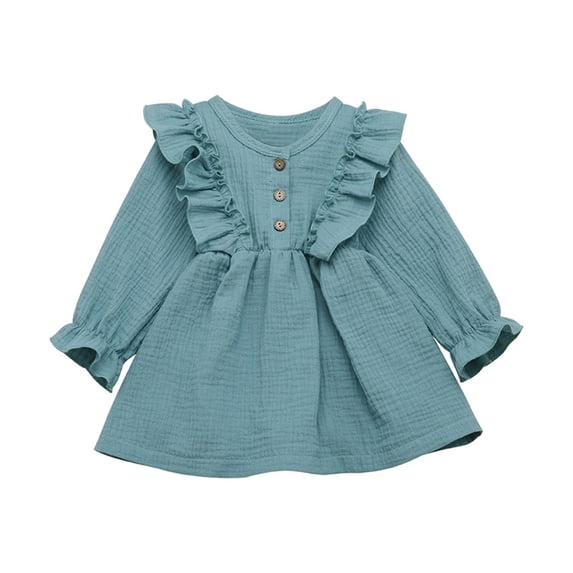 Odeerbi Toddler Girls Cotton Linen Dresses Ruffles Long Sleeve Vintage Dress Kids Solid Outfits Casual Clothes