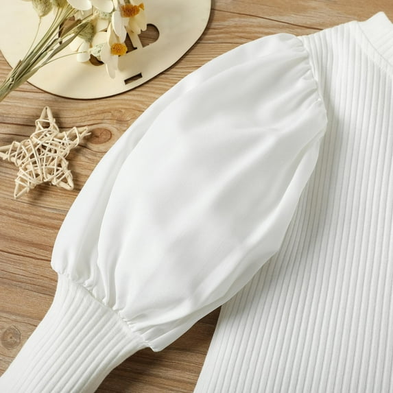 Odeerbi Toddler Girls Cotton Outfits 2025 Fashion Warm Knit Puff Sleeve Top Straight PU Leather Pants Set White 1-2 Years