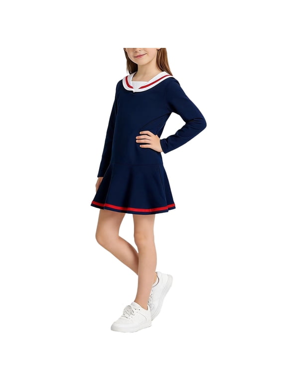 Toddler Girls Cotton School Uniform Dress Color Block Long Sleeve Sailor Collar Ruffle A-Line Dress