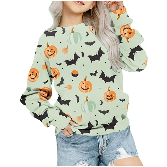 Odeerbi Toddler Girls Crewneck Sweatshirts Halloween Pullover Sweatshirts 1-12 Years Kids Oversized Sweatshirt Fashion Long Sleeve Pullover Tops Green