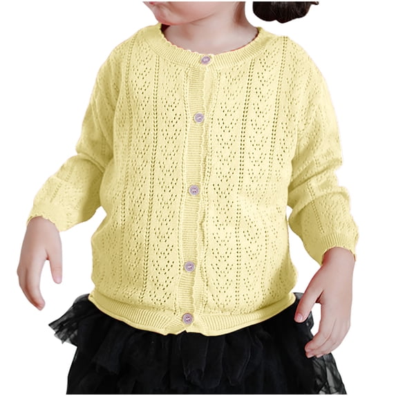 Odeerbi Toddler Girls Crochet Knit Bolero Cardigan Cute Shrugs Kids Baby Fashion Solid Color Long Sleeve Cover Up Tops Thin Style Button Closure Cropped Knitwear Yellow
