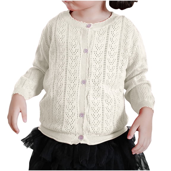 Odeerbi Kids Girls Crochet Knit Bolero Cardigan Cute Shrugs Kids Baby Fashion Solid Color Long Sleeve Cover Up Tops Thin Style Button Closure Cropped Knitwear White