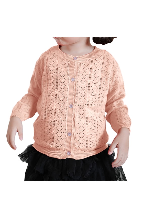Toddler Girls Crochet Knit Bolero Cardigan Cute Shrugs Kids Baby Fashion Solid Color Long Sleeve Cover Up Tops Thin Style Button Closure Cropped Knitwear Pink
