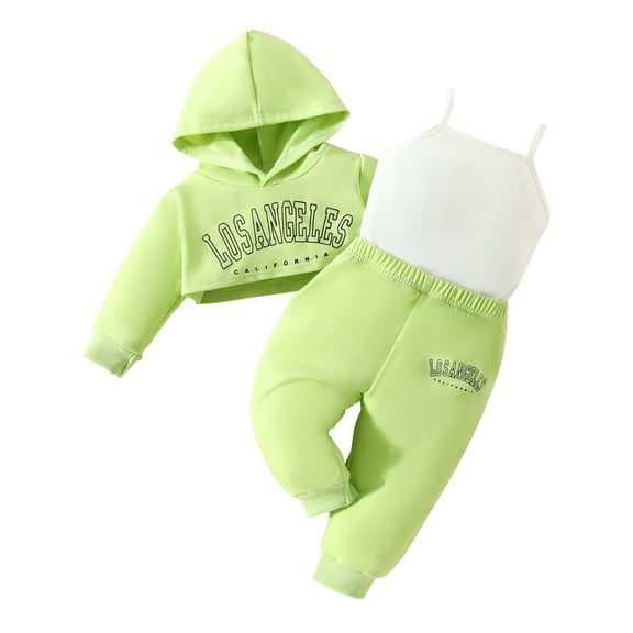 Odeerbi Toddler Girls Cropped Sweatsuit Outfits Cropped Sweatshirt Camisole Tops Sweatpants Infant Three Piece Set Green 3 Years