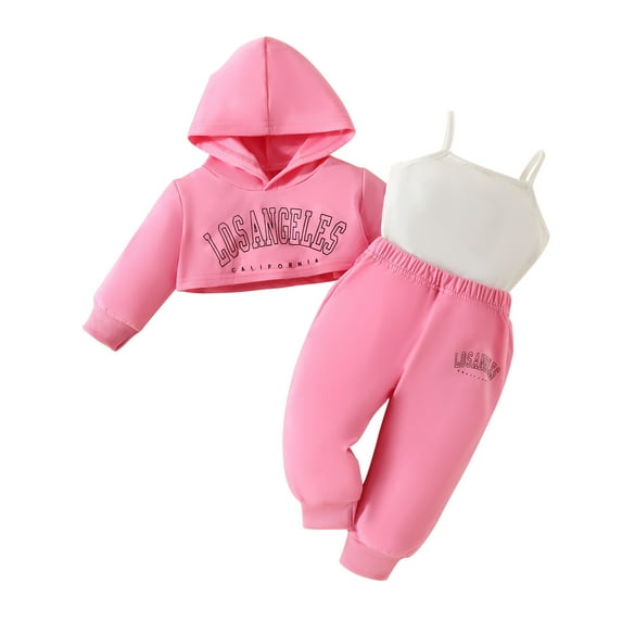 Odeerbi Toddler Girls Cropped Sweatsuit Outfits Cropped Sweatshirt Camisole Tops Sweatpants Infant Three Piece Set Hot Pink 12-18 Months