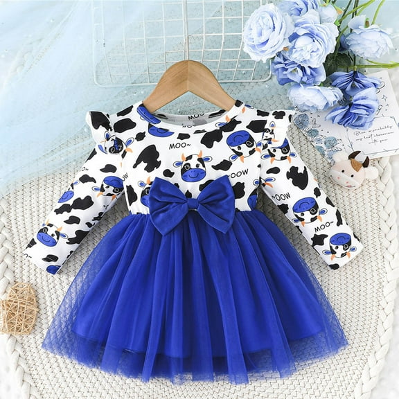 Odeerbi Toddler Girls Cute Cow Print Tulle Dress Ruffle Long Sleeve Round Neck Patchwork Mesh Dress Toddler Girls Clothes
