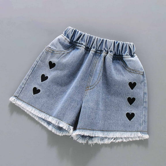 Odeerbi Toddler Girls Denim Shorts Ripped Fringed Jeans Shorts Summer Thin Heart Embroidered Elastic Waist Shining Denim Ragged Shorts Blue 5-6 Years